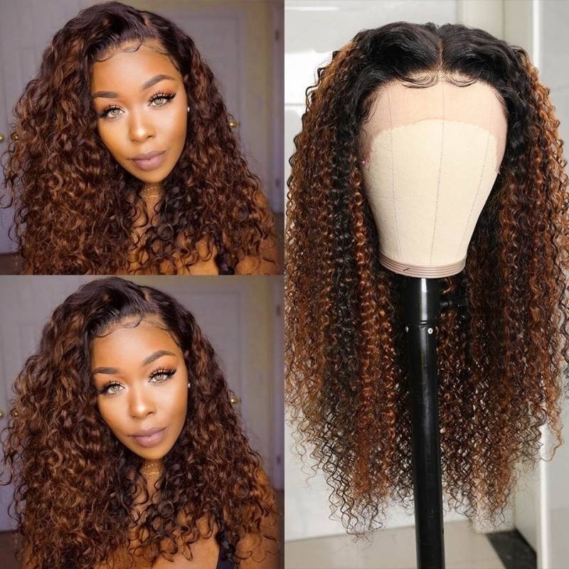Kriyya Balayage Highlight 13x4 Lace Front Wigs Jerry Curly Human Hair Brown Highlight Colored Wigs 150% Density
