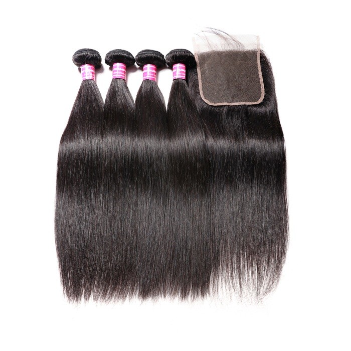Kriyya Straight Hair 4 Bundles Sew In With 5x5 Closure Indian Remy Hair