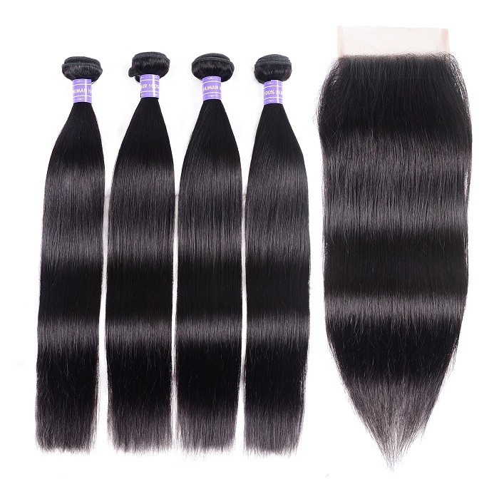 Kriyya Best Brazilian Straight Hair 4 Bundles With 4x4 Closure Virgin Hair