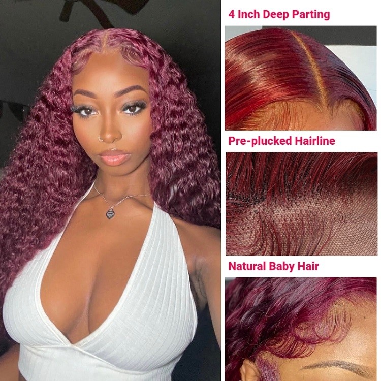 Kriyya 99J Burgundy Lace Part Wig Colored Curly Wigs 4x0.75 Human Hair Wig Pre-Plucked