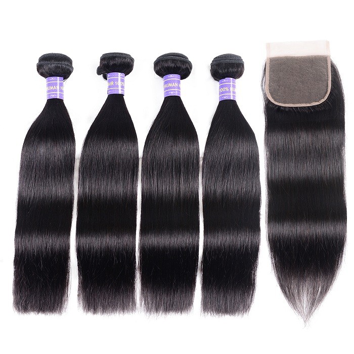 Kriyya Peruvian Straight Hair 4 Bundles Sew In With 4x4 Closure