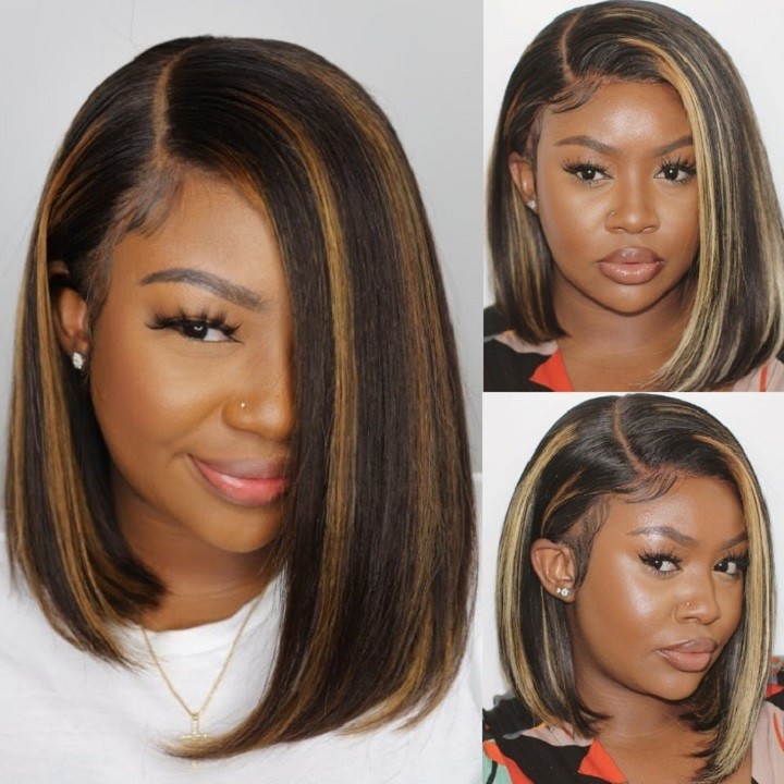 Kriyya Straight Highlight Human Hair Bob Wigs Middle Part Piano Color Lace Front Short Wigs For Autumn