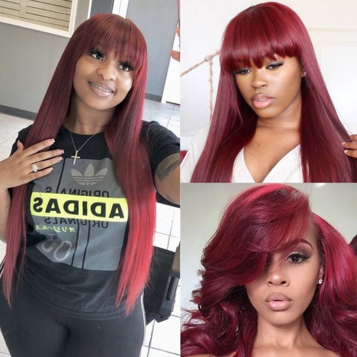 Kriyya Burgundy Red Hair Wigs With Bangs 99J Cinnamon Hair Color Machine Made Capless Virgin Human Hair Wig