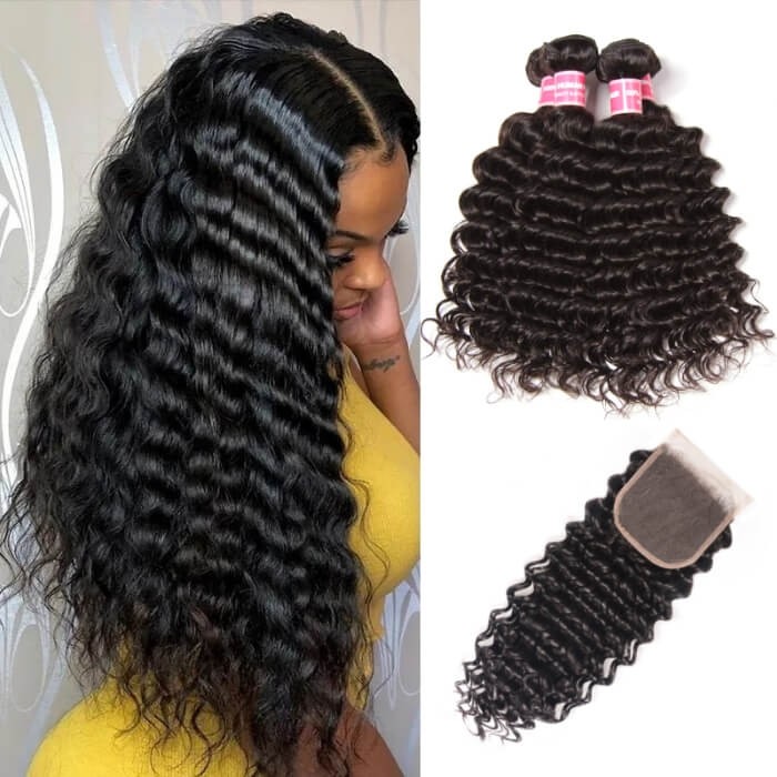 Kriyya Malaysian Weave Deep Wave Hair 3 Bundles With 4X4 Closure
