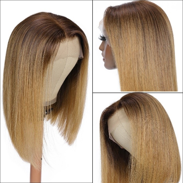 Kriyya Golden Blonde Short Straight Bob Wig With Dark Roots Human Hair 13×4 Lace Front Wigs With Baby Hair 150% Density
