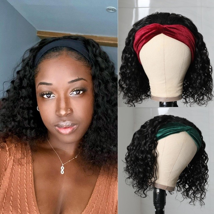 Kriyya Water Wave Headband Bob Wigs Human Hair Wigs 150% Density 10-14 Inch