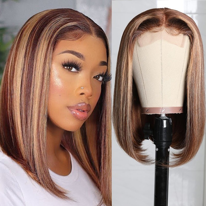 Kriyya Fall Vibes Honey Blonde Highlight Bob Wigs Human Hair TL412# Color Middle Part Lace Part Wigs 150% Density