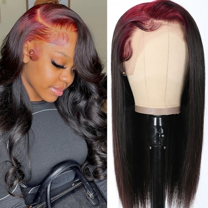Kriyya Billie Eilish Style Deep Part 99J Burgundy Roots On Black Hair Skunk Straight 13x4 Lace Front Human Hair Wig