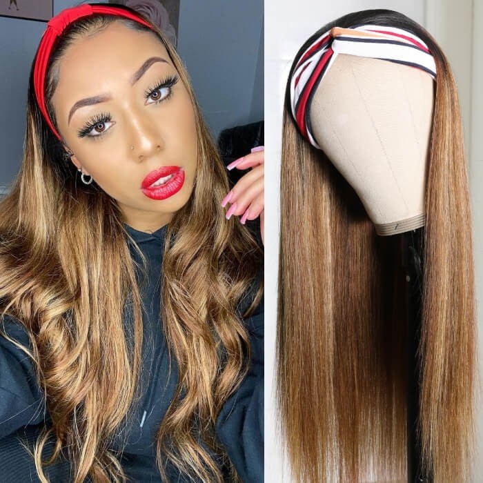 BOGO Sale - Kriyya Ombre Headband Wigs Straight Human Hair Wig Dark Rooted Honey Blonde Wigs