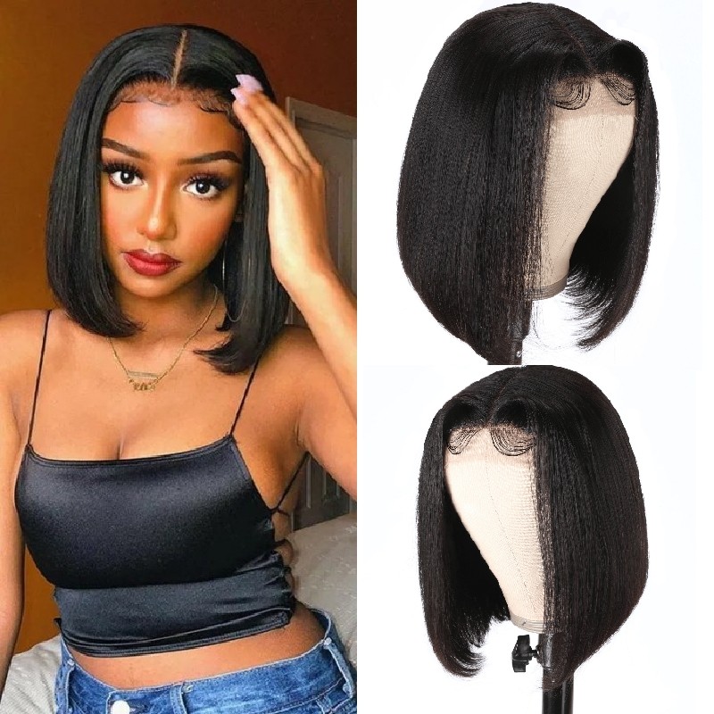 Kriyya T Part Straight Human Hair Bob Wigs Middle Lace Part Short Wig With Baby Hair