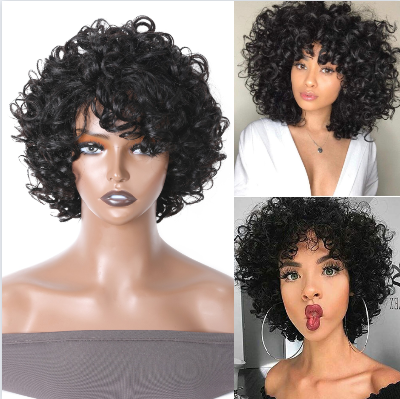 Kriyya Bouncy Curly Short Pixie Cut Wig With Bangs Fluffy Curls Human Hair Machine Made Wigs