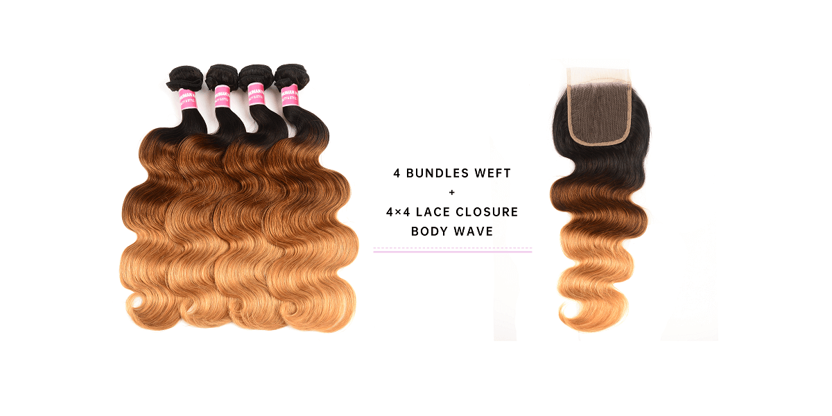 T1B/4/27 Ombre Bundle Deals With 4x4 Lace Closure Body Wave Hair 4 Bundles With 4x4 Lace Closure