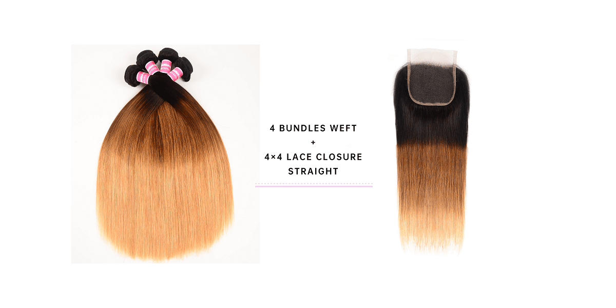 Straight T1B/4/27 Ombre Bundles With Closure Straight Bundles With 4x4 Lace Closure