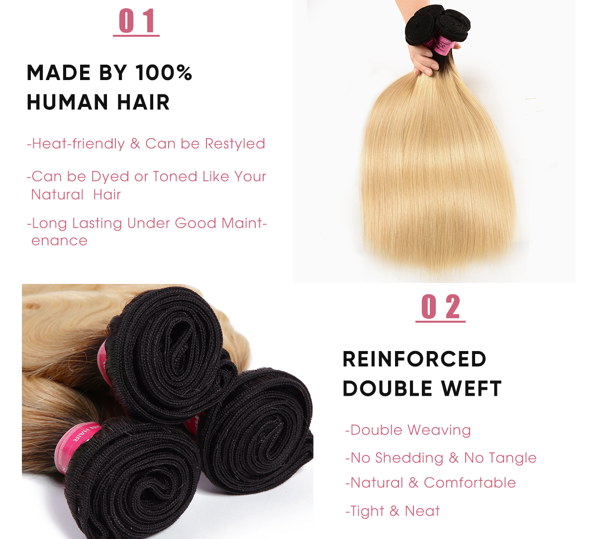 Virgin Hair 3 Bundles Straight  Bundles Weave Straight Cheap 3 Pcs Human Hair Bundles 1B/613 Ombre