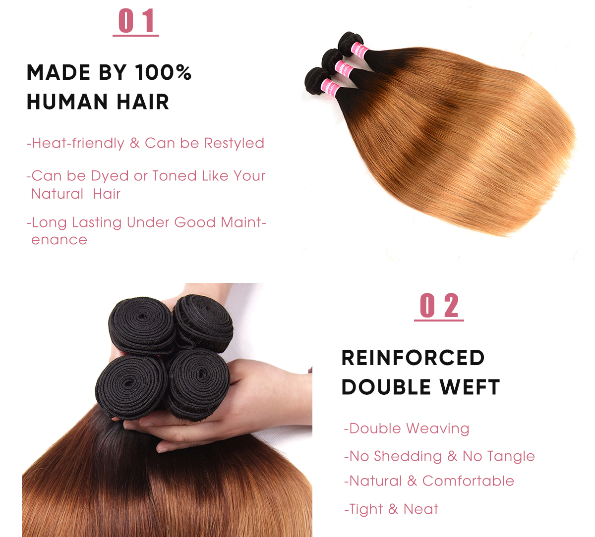 3 Bundles Straight T1B/4/27 Ombre 100 Human Hair Weave