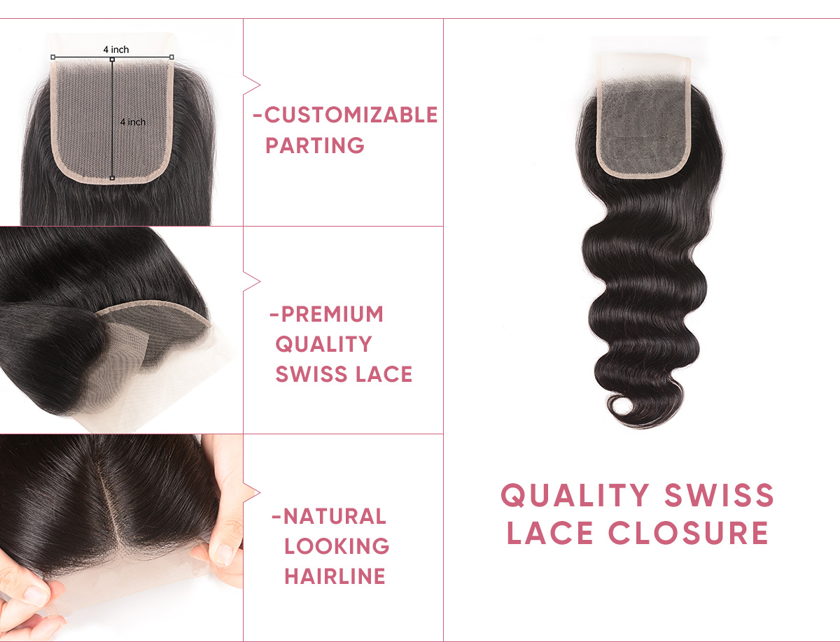 4 Bundles Human Hair With 4x4 Transparent Lace Closure 4 Bundles Body Wave With Transparent Lace Closure