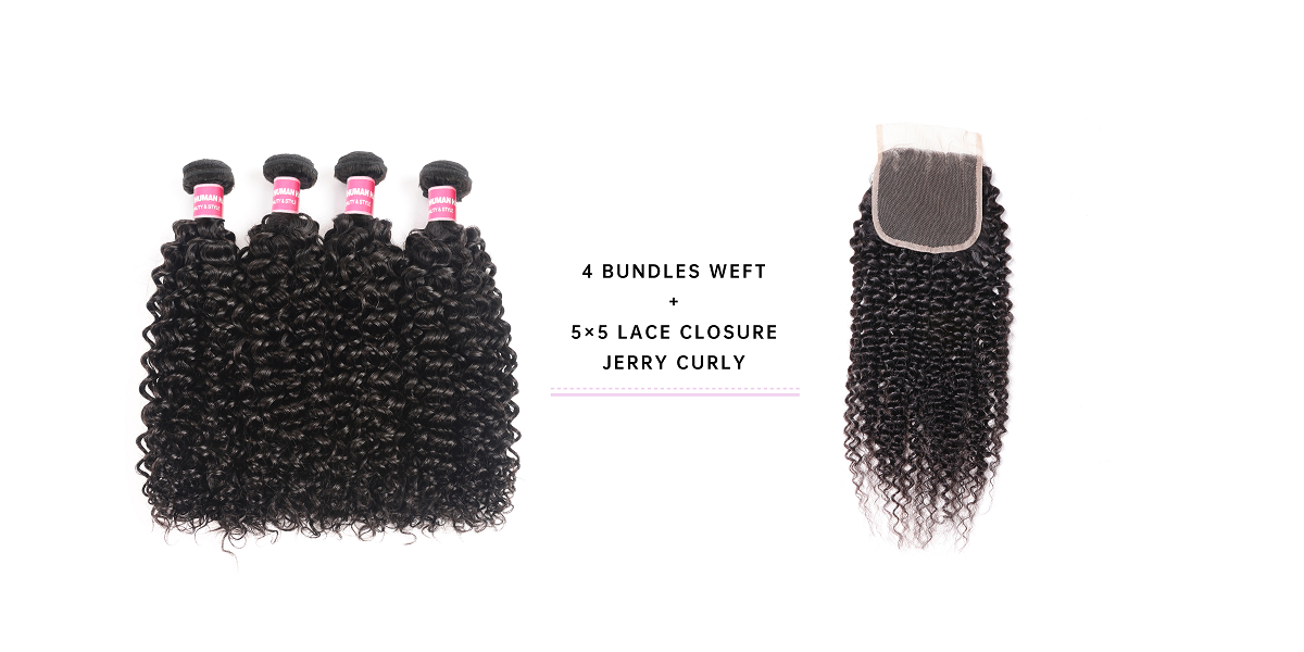 Jerry Curly Hair 4 Bundles With 5x5 Lace Closure