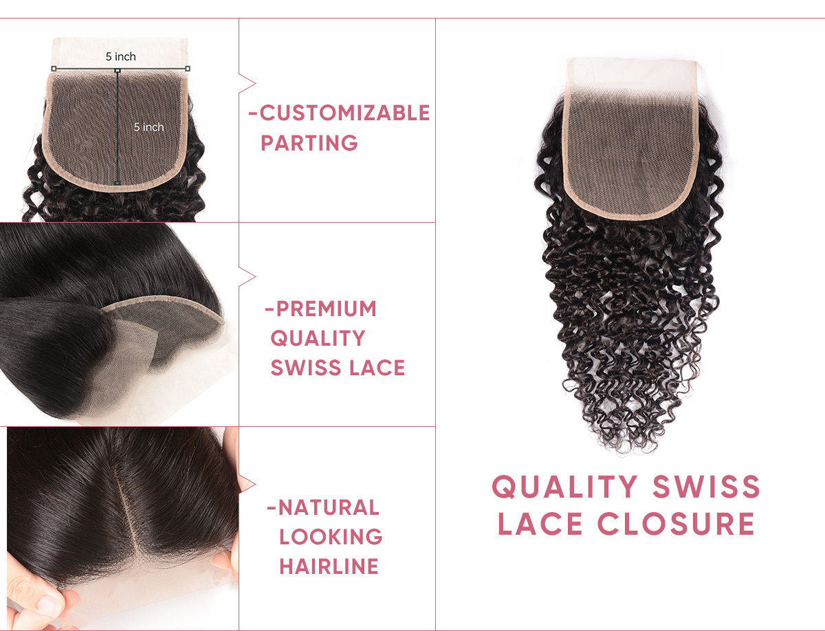 3 Bundles Jerry Curly With 5x5 Transparent Lace Closure