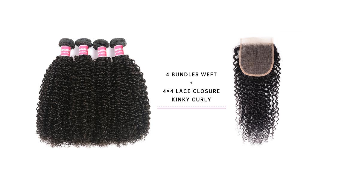 4 Bundles Kinky Curly Hair With 4x4 Lace Closure