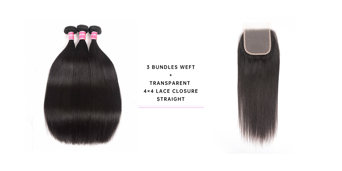 3 Bundles Straight Human Hair With Lace Closure Straight Human Hair With Transparent Closure