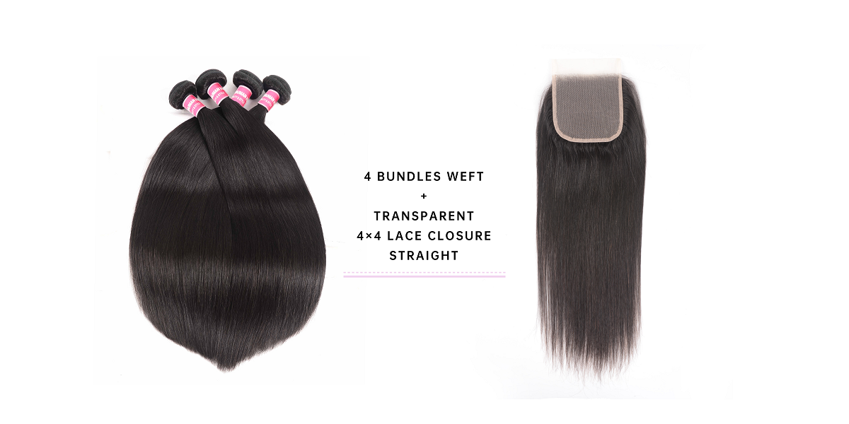 Straight 4 Bundles With 4x4 Transparent Lace Closure